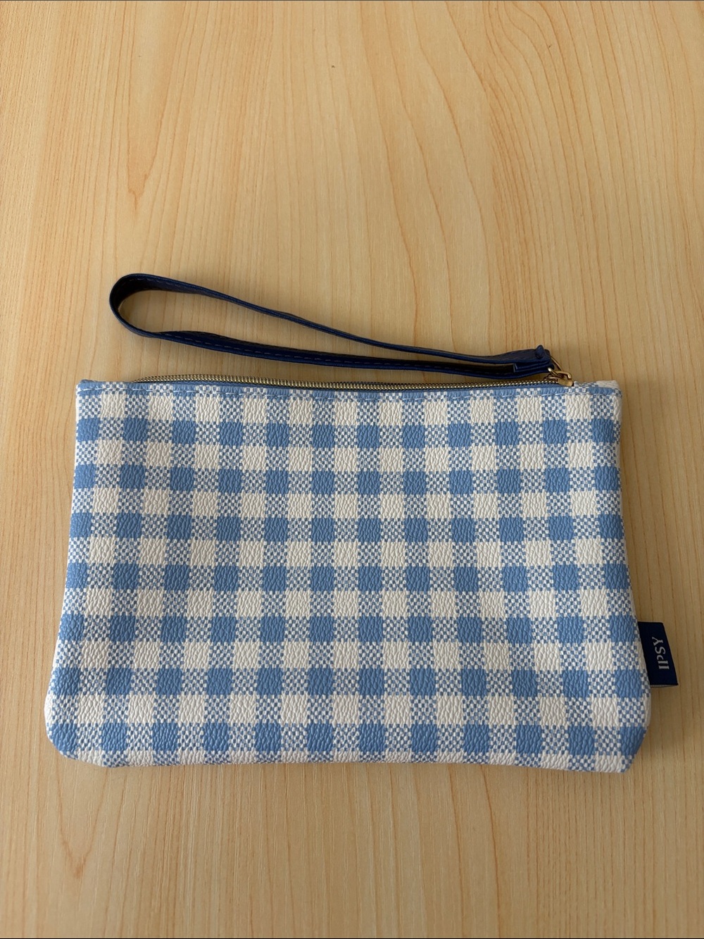 ipsy Blue and White Gingham Wristlet Cosmetic Bag
